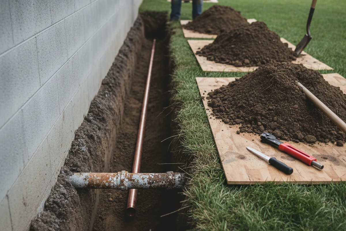 Excavated water line trench during Water Softener Installation in Gibbon Glade
